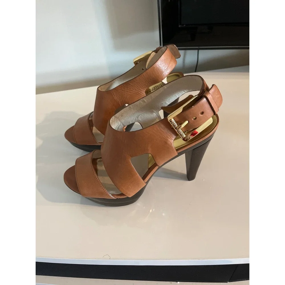 Michael Kors Tan‎ Leather Platform Sandals Gold Buckle Ankle Strap Heels